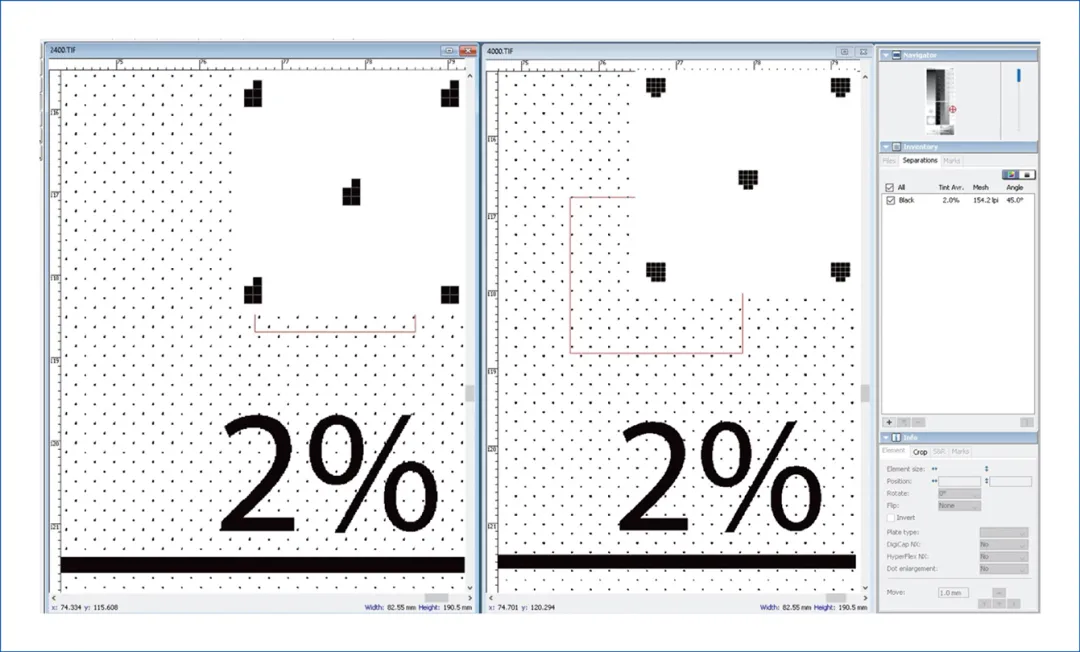 2400×2400dpi（左）與4000×4000dpi（右）分辨率150LPI的2%網點比較