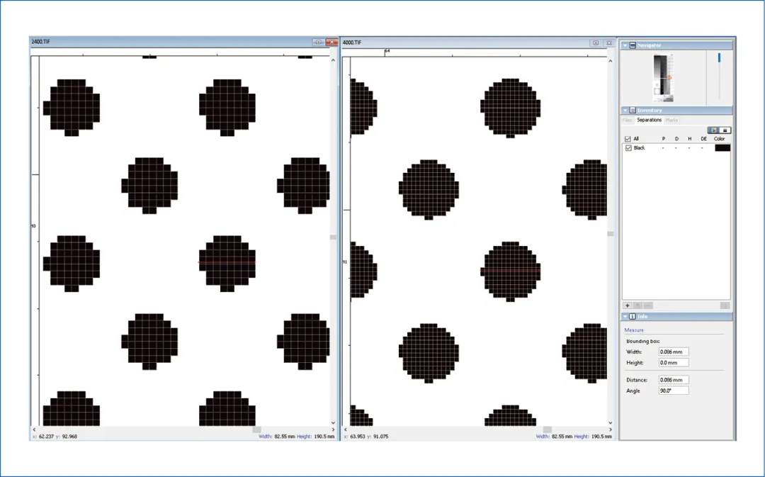 2400×2400dpi（左）與4000×4000dpi（右）分辨率150LPI的20%網點比較